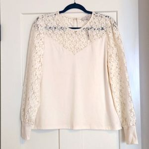 LOFT Mixed Media Lace Top Cream Size Large.